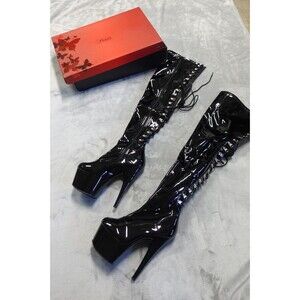 Pleaser Adore 1020 Black Patent Heel Platform Ankle Boots Size 9 Lace Up